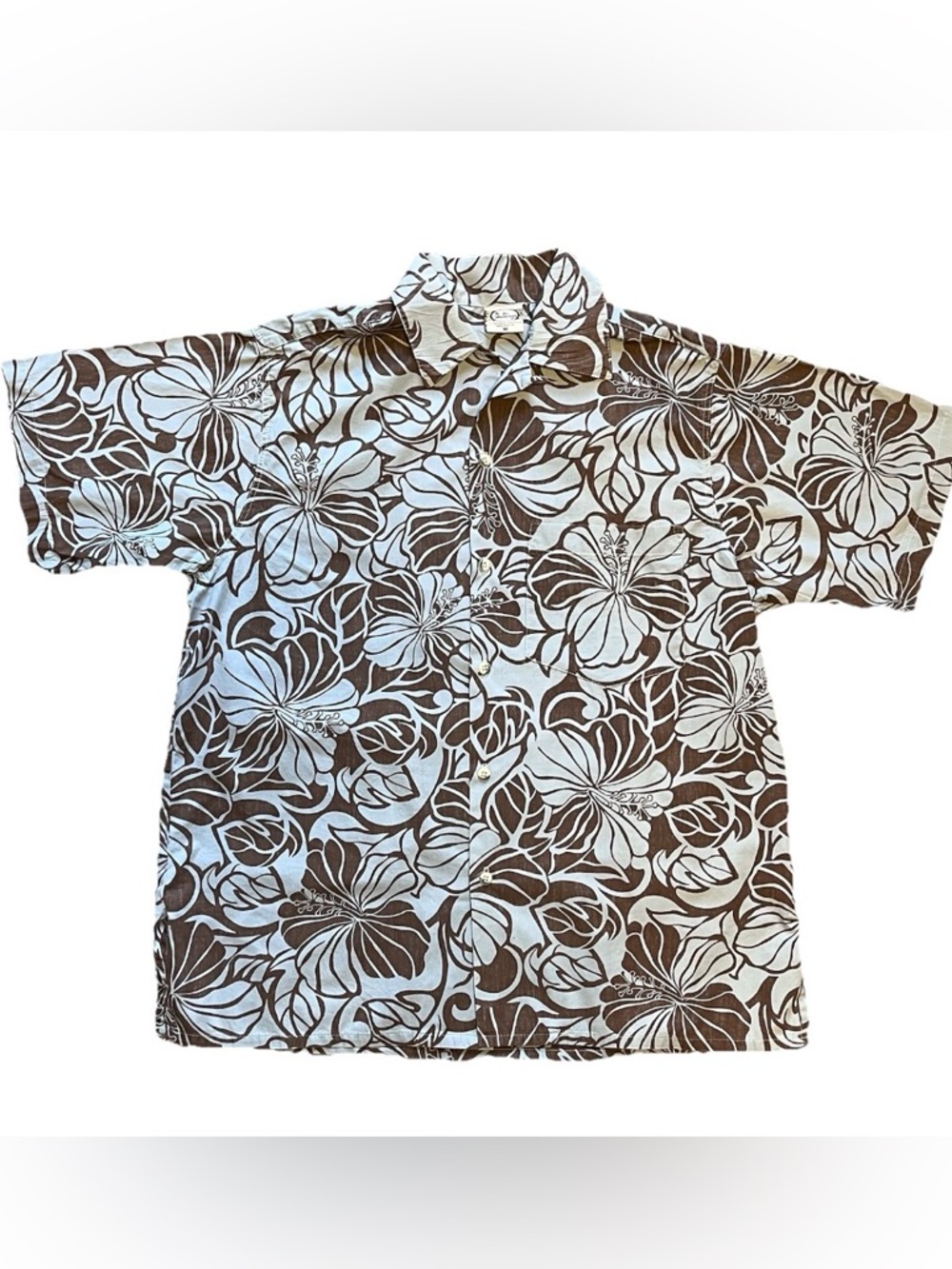 GO BAREFOOT Hawaiian Aloha Shirt Hibiscus Pareau Floral Brown Sky Blue Men’s M